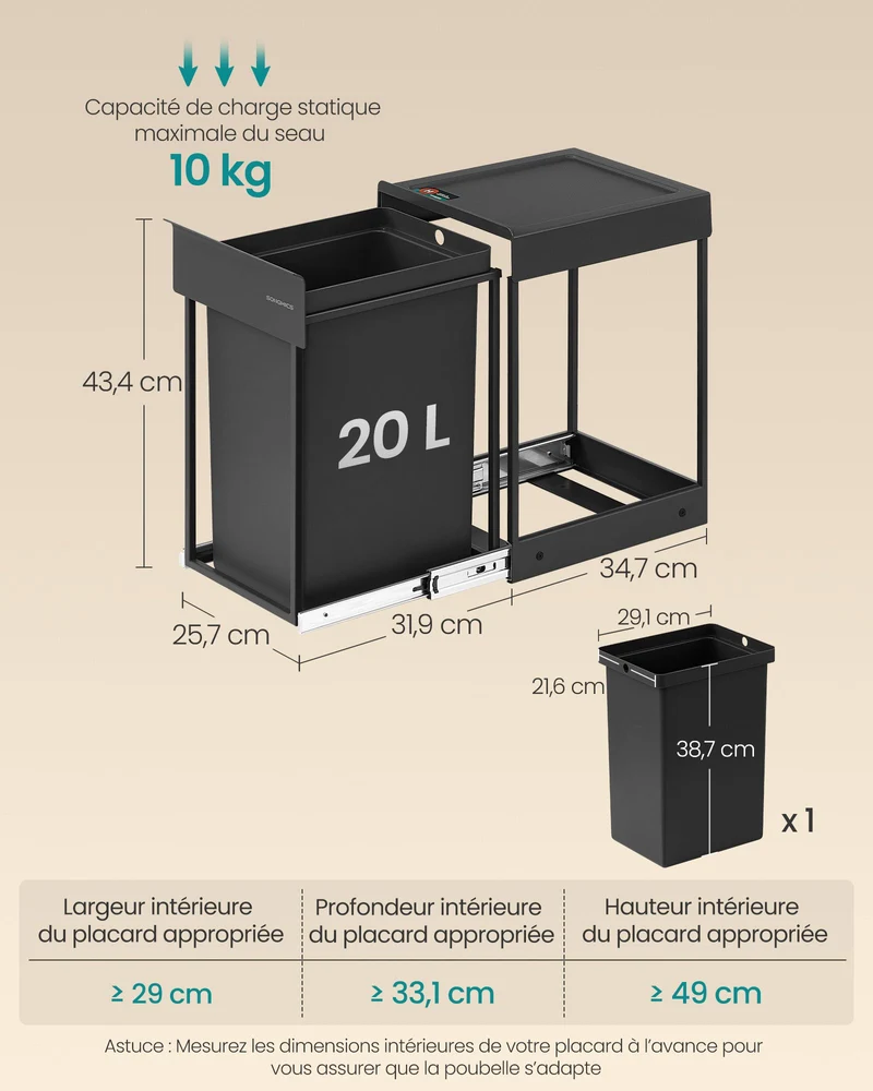Poubelle de tri sélectif extractible coulissante 34,7 x 25,7 x 43,4 cm avec couvercle ergonomique style moderne en acier noir 12_0012107