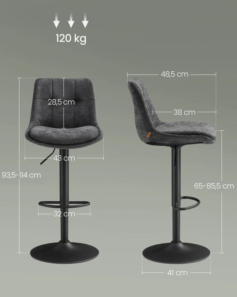 Lot de 2 tabourets de bar réglables hauteur 44 x 48 x 90-112 cm assise confortable style contemporain en acier gris ardoise 12_0011316