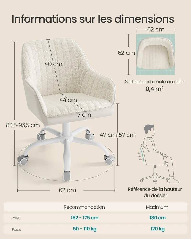 Chaise de bureau ergonomique pivotante hauteur réglable 62 x 62 x 93 cm en tissu peluche beige cappuccino 12_0009701