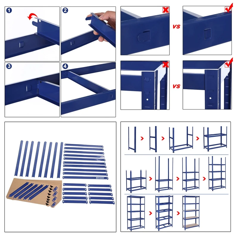 Étagère de rangement clipsable 150 x 75 x 30 cm 5 niveaux capacité 650 kg usage garage bureau en acier bleu 12_0008499