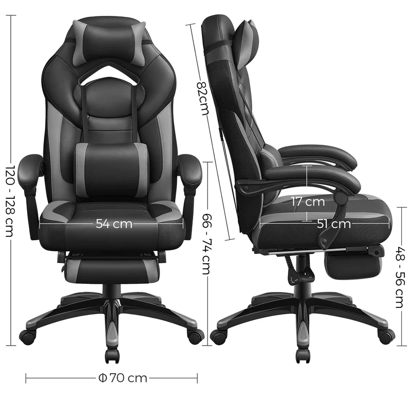 Fauteuil gamer ergonomique inclinable 70 x 64 x 128 cm confort optimal design moderne en PU gris 12_0008398