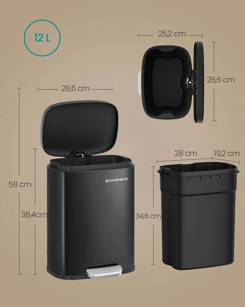 Poubelle de salle de bain 38,4 x 28,6 x 25,2 cm avec seau intérieur fermeture douce en acier noir 12_0013202