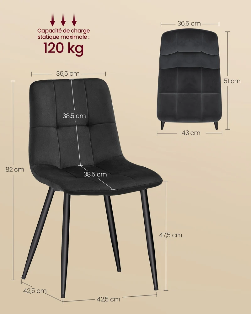 Lot de 4 chaises de salle à manger rembourrées modernes confortables 51 x 43 x 82 cm en velours noir d'encre 12_0012943