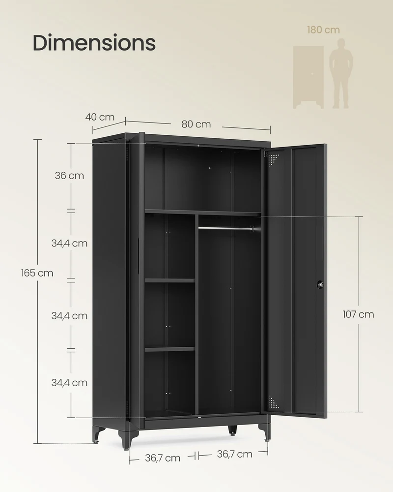 Armoire polyvalente de rangement avec 5 compartiments tringle penderie verrouillable 80 x 40 x 165 cm en acier noir 12_0012336