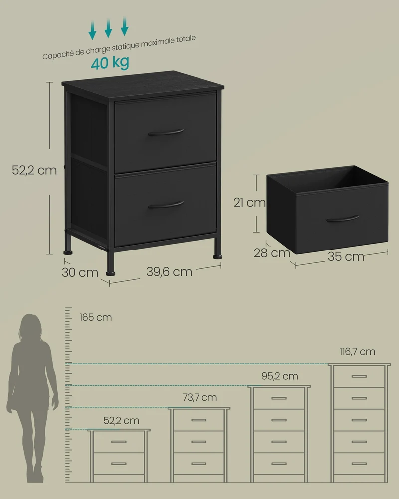 Commode 9 tiroirs rangement pratique couloir entrée 30 x 39,6 x 52,2 cm style rustique finition mate en MDF noir 12_0012255
