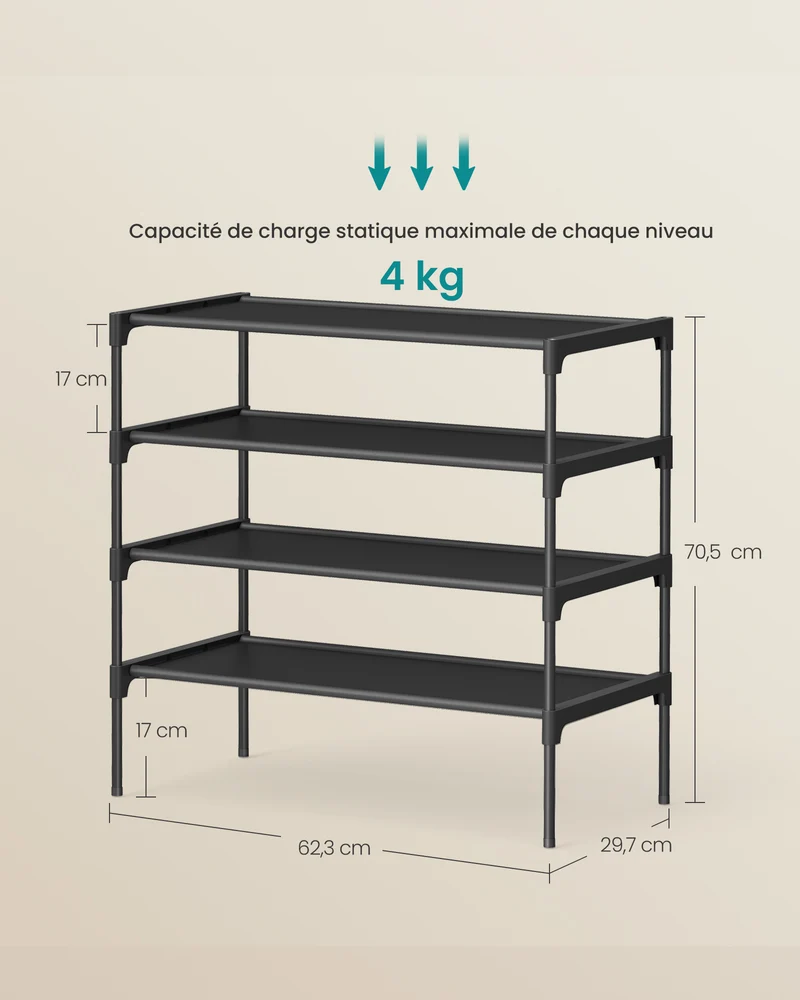 Étagère à chaussures moderne 29,7 x 62,3 x 70,5 cm pratique gain de place design épuré en tube métallique noir 12_0012240