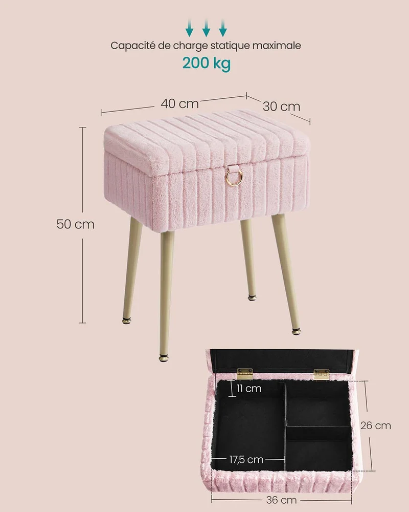 Tabouret de coiffeuse avec rangement ergonomique 30 x 40 x 50 cm ambiance cosy en velours rose bonbon 12_0012151