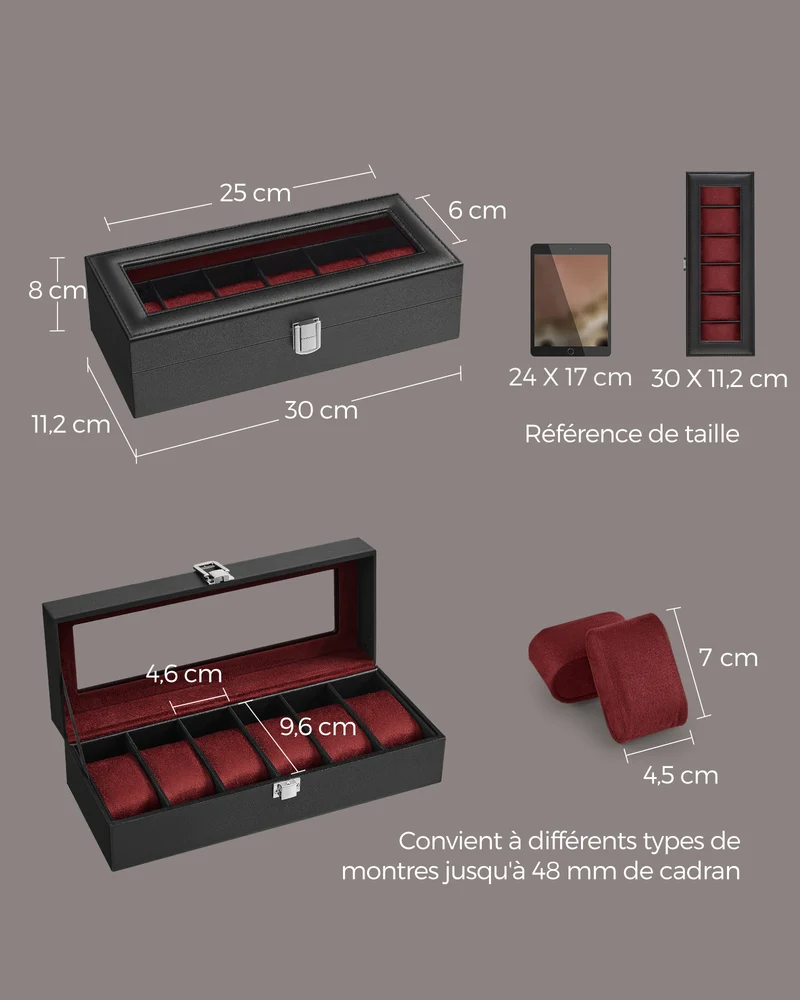 Boîte à montres 12 emplacements avec couvercle en verre 11,2 x 30 x 8 cm finition élégante en MDF noir 12_0011738