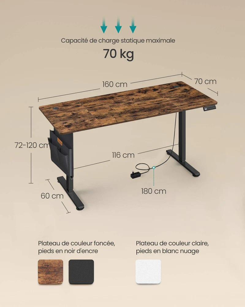 Bureau électrique assis-debout réglable hauteur 70 x 160 x 72-120 cm 4 hauteurs mémorisables design moderne en aggloméré noir 12_0011628