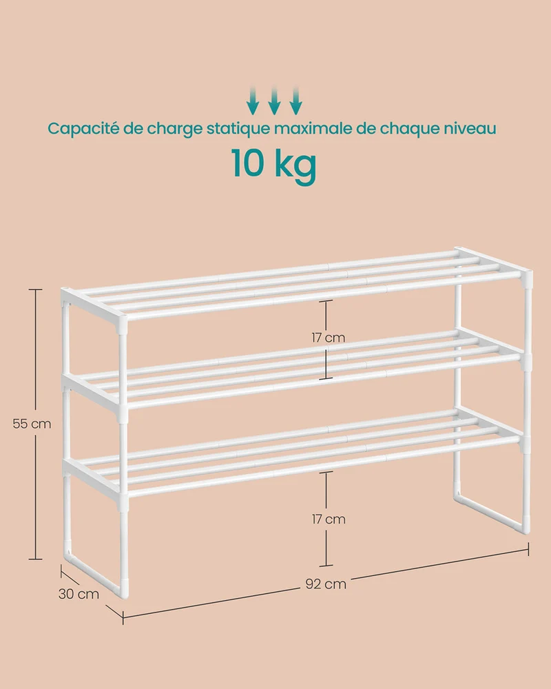 Étagère à chaussures empilable 30 x 92 x 55 cm pour 12 à 15 paires entrée couloir en métal blanc perle 12_0011028