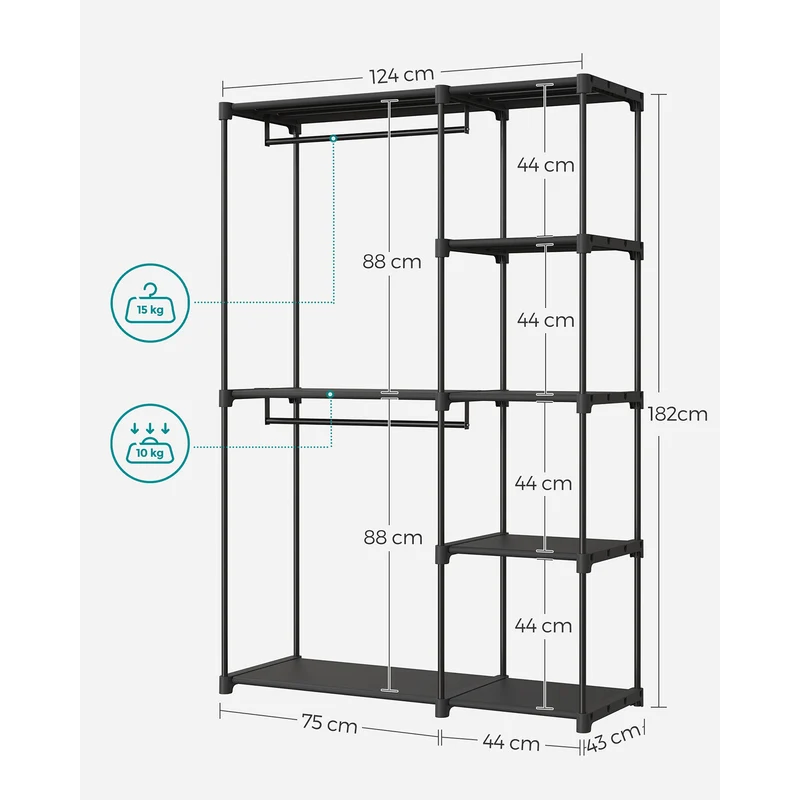 Armoire autoportante penderie pliable 43 x 124 x 182 cm avec barre de suspension style contemporain en tissu noir 12_0009876