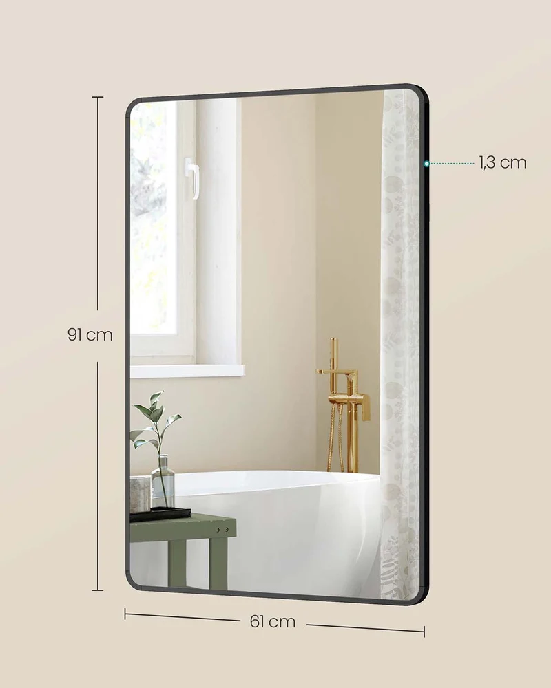Miroir salle de bain miroir mural rectangulaire cadre en aluminium 91 x 61 cm avec film de sécurité 2 options de suspension pour salon chambre salle de bain noir d’encre 12_0008045