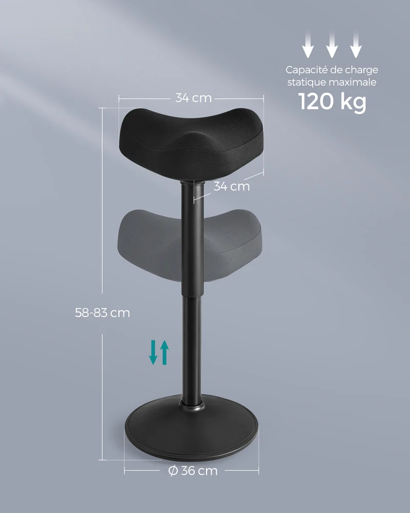 Tabouret dynamique tabouret assis-debout siège bascule à 360° hauteur réglable 58-83 cm large socle avec patin antidérapant style moderne 12_0007730