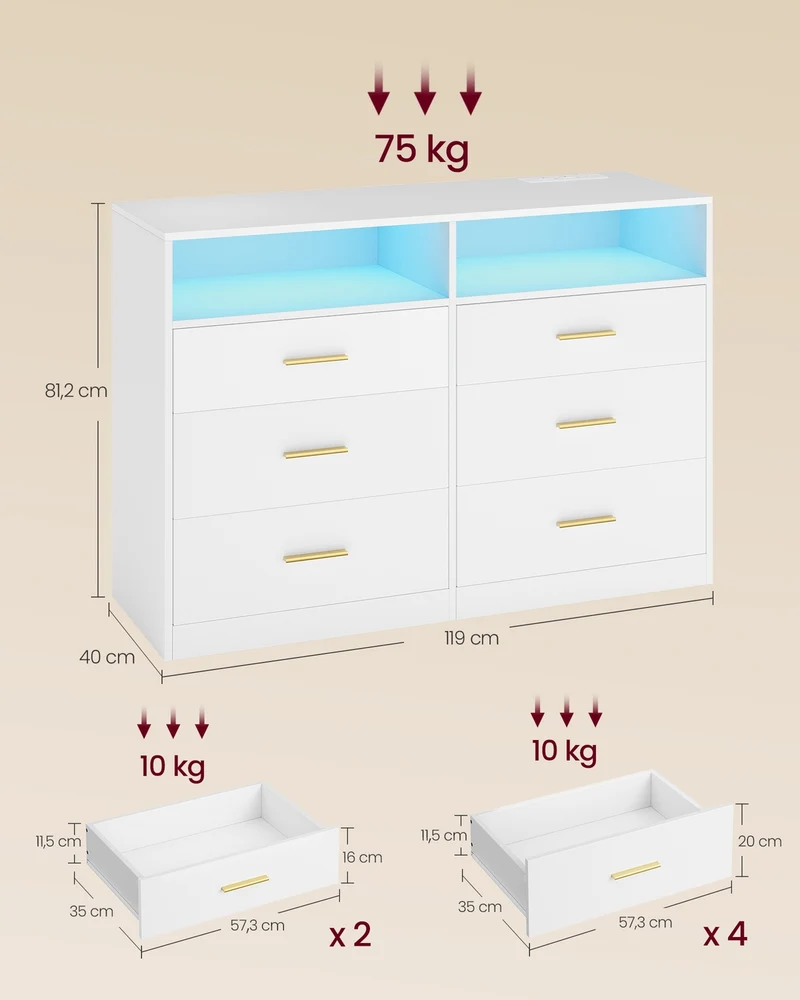 Commode de rangement moderne avec 6 tiroirs 40 x 119 x 81,2 cm en panneau d'aggloméré blanc nuage 12_0013157