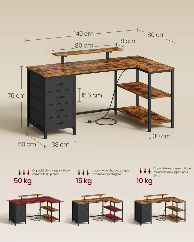 Bureau d’angle en forme de L avec étagères réglables 140 x 80 x 90 cm pour espace de travail ergonomique en aggloméré marron rustique 12_0013090