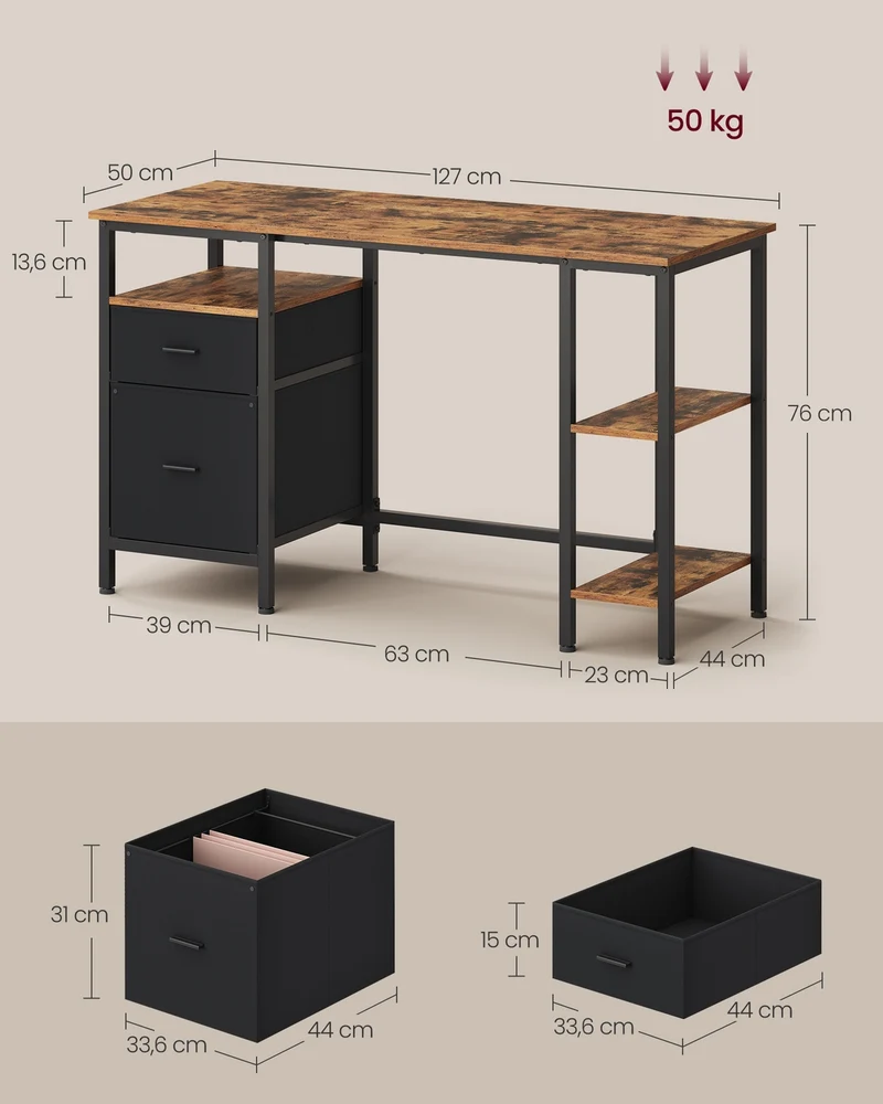 Bureau de travail avec rangement 127 x 50 x 76 cm style industriel finition mate ambiance cosy en aggloméré marron 12_0012890