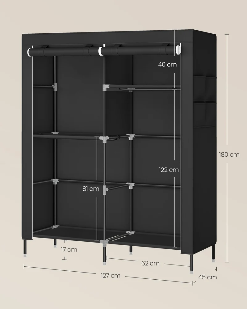 Armoire de rangement tissu penderie 45 x 127 x 180 cm grande capacité 3 compartiments de suspension style moderne en tissu noir 12_0012533