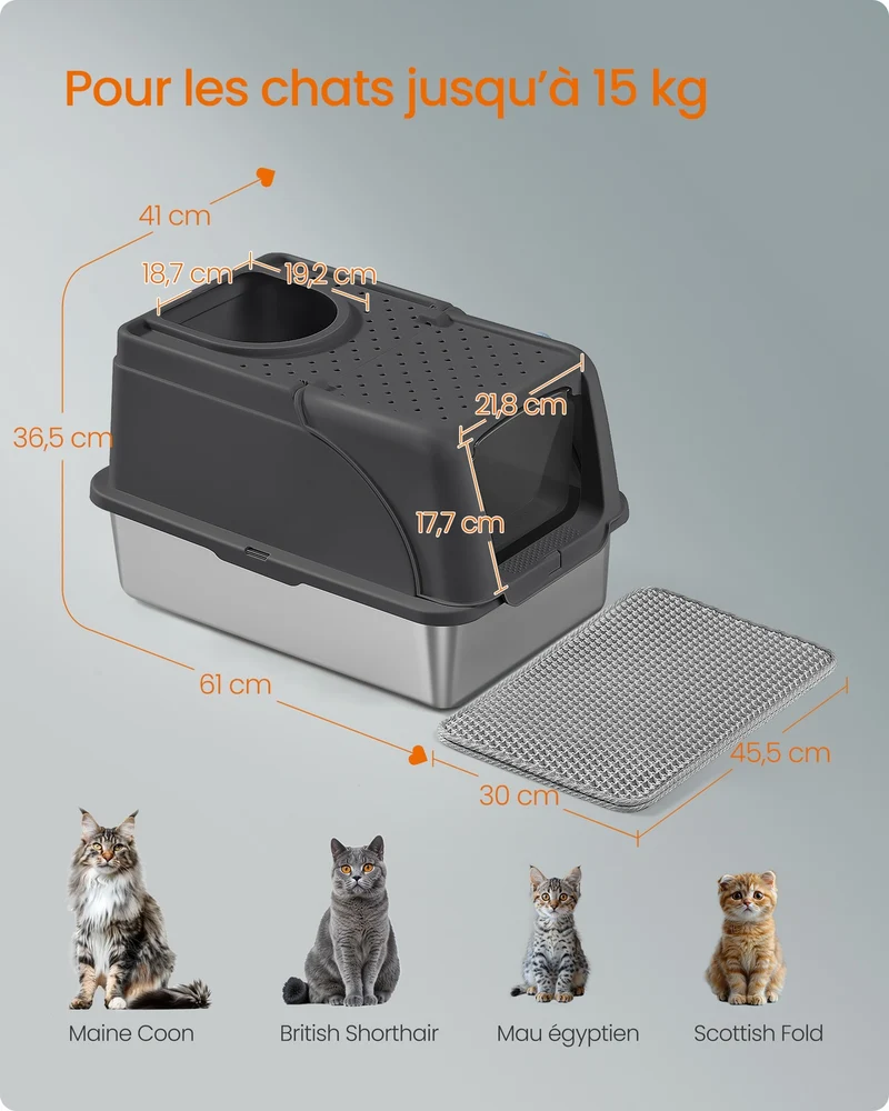 Bac à litière pour chat grande taille double entrée 61 x 41 x 36,5 cm design étanche en acier inoxydable noir 12_0012403