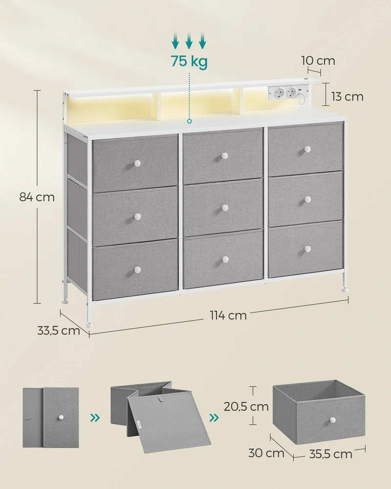 Commode de rangement design moderne avec 9 tiroirs 33,5 x 114 x 84 cm pour chambre salon en panneaux d'aggloméré gris tourterelle 12_0012332