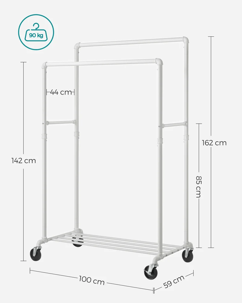 Portant à vêtements en acier blanc avec double tringle et étagère de rangement 100 x 59 x 162 cm design industriel chambre buanderie 12_0010886