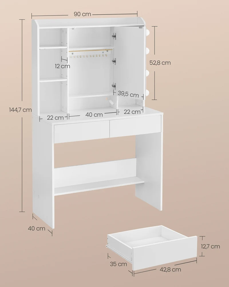 Coiffeuse moderne avec miroir lumineux réglable 40 x 90 x 144,7 cm ambiance cosy en aggloméré blanc nuage 12_0010837