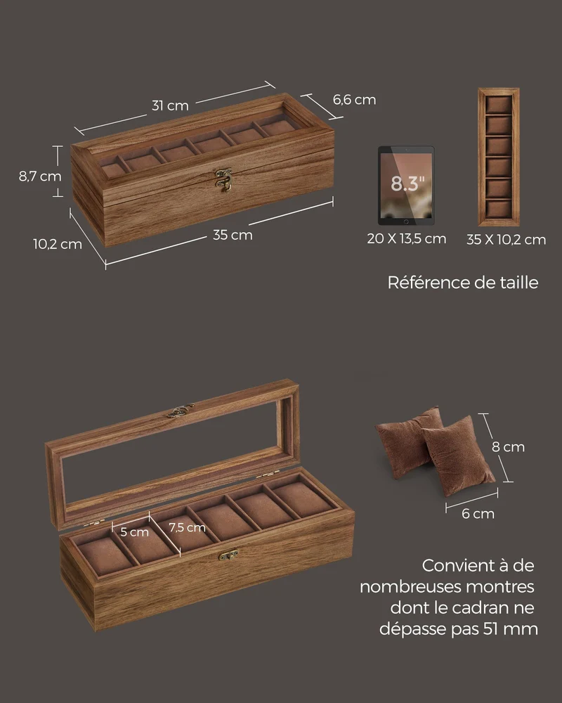 Boîte à montres 6 compartiments élégante avec couvercle en verre 10,2 x 35 x 8,7 cm en bois noisette 12_0010614