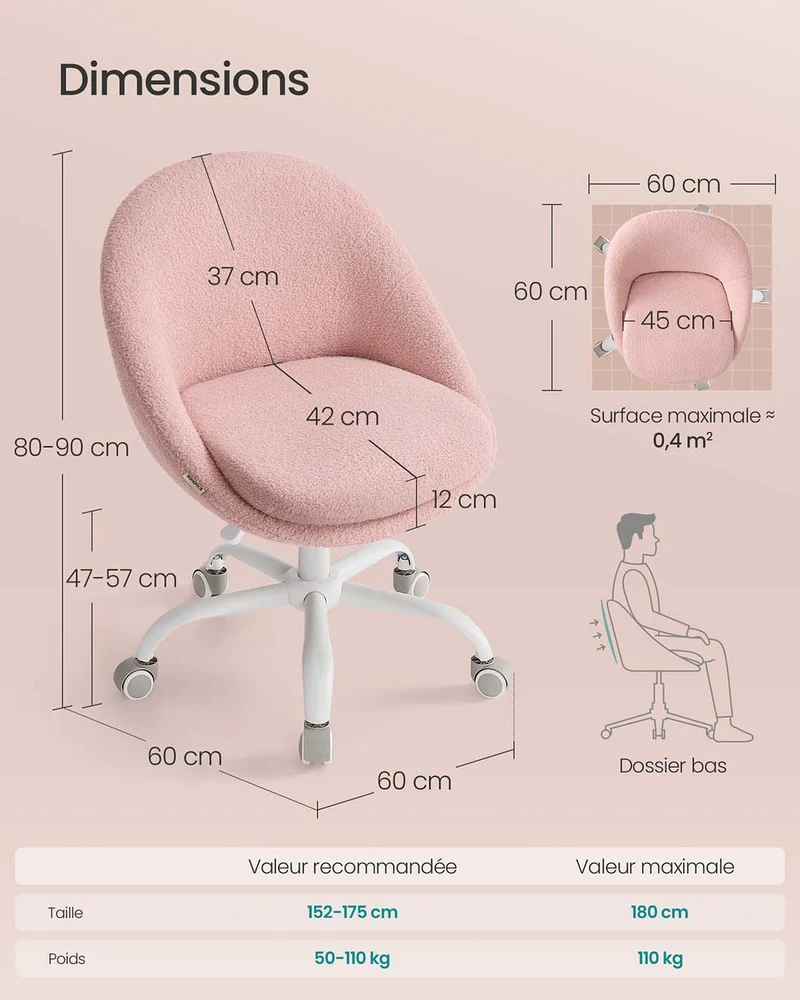 Chaise de bureau réglable en hauteur 60 x 60 x 90 cm confort rembourrage ergonomique style moderne en tissu rose bonbon 12_0010323