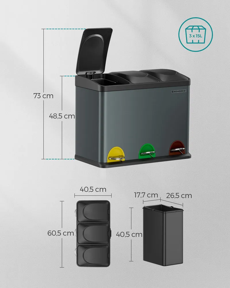 Poubelle de tri à 3 compartiments cuisine 60,5 x 31,5 x 48,5 cm avec seaux intérieurs ergonomiques design en acier gris anthracite 12_0008753