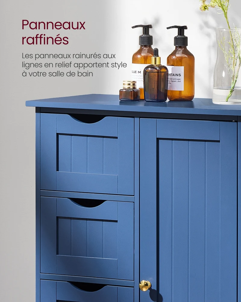 Meuble de salle de bain sur pied avec 4 tiroirs et étagère réglable 30 x 55 x 82 cm style moderne en MDF bleu baie
