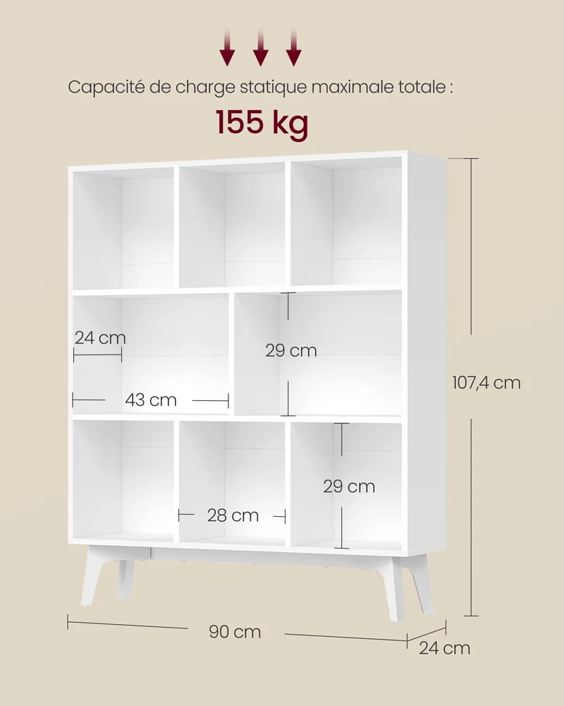 Bibliothèque de rangement en cube 90 x 24 x 107,4 cm pour salon bureau style moderne en aggloméré blanc 12_0013140