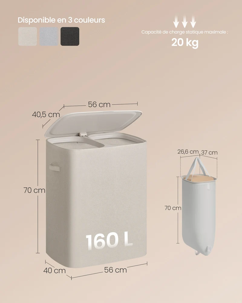 Panier à linge 2 compartiments 56 x 40,5 x 75 cm avec couvercle sacs amovibles style moderne buanderie en plastique beige clair 12_0013100