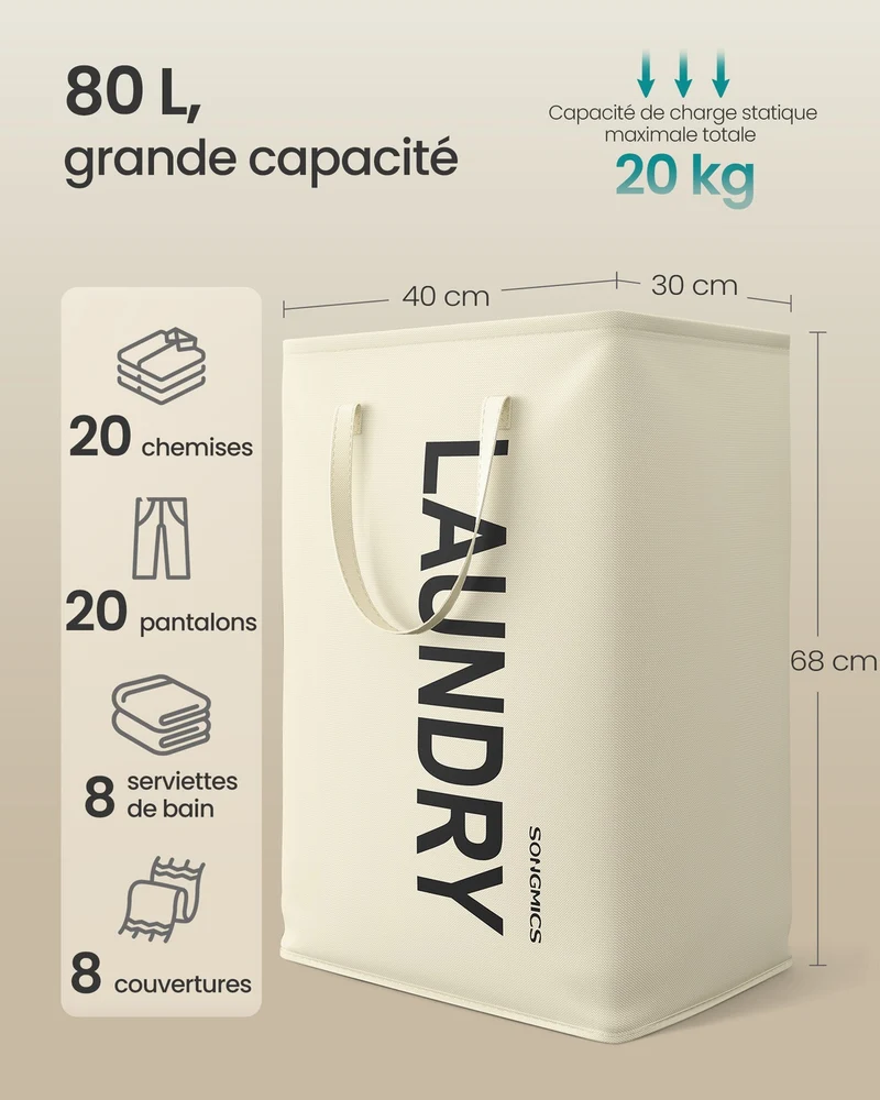 Panier à linge pliable 40 x 30 x 68 cm avec poignées design moderne utilisation buanderie en tissu oxford blanc crème 12_0013058