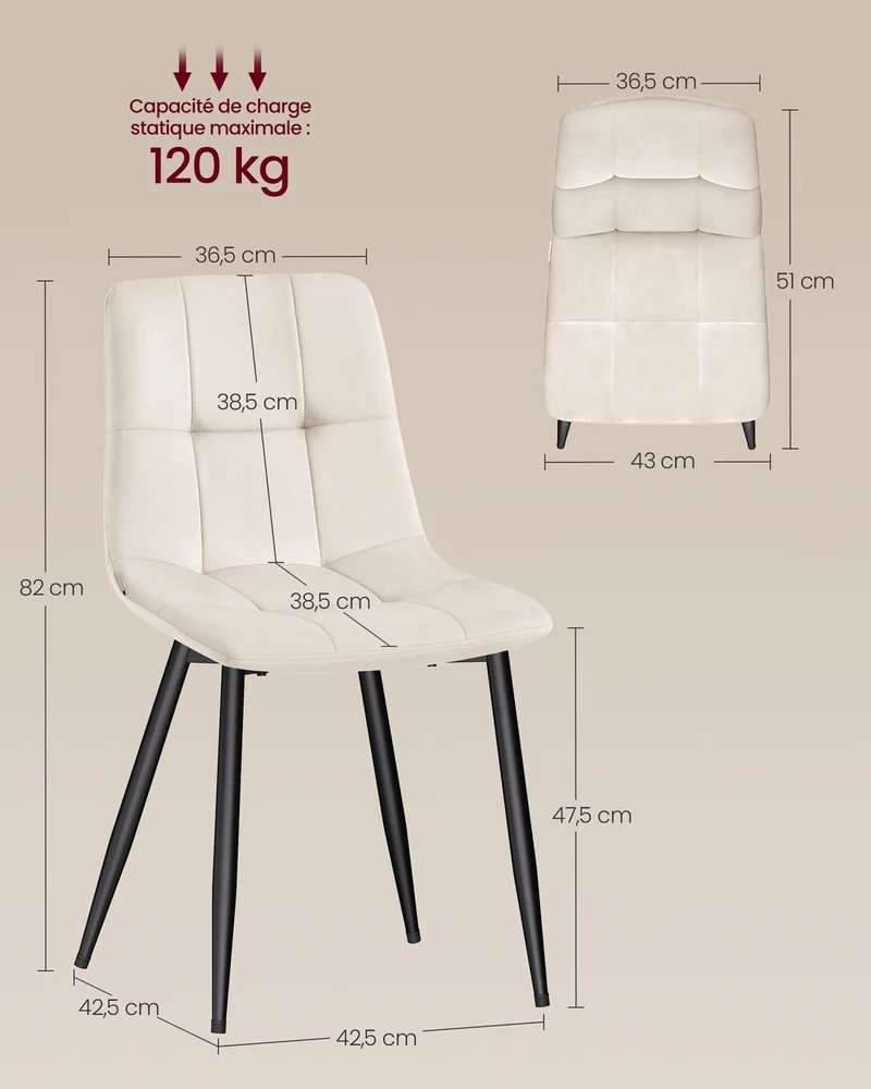 Lot de 4 chaises de salle à manger rembourrées confortables 52 x 43,5 x 82 cm style moderne en velours beige cappuccino 12_0013041