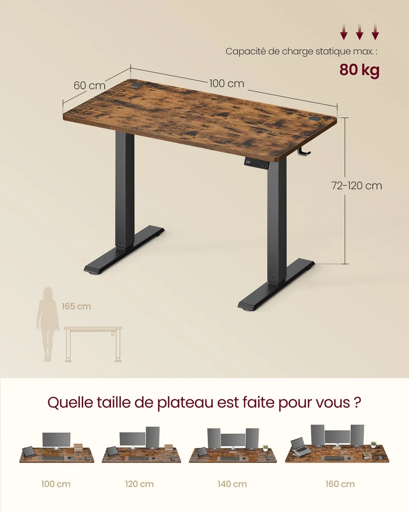 Bureau assis-debout réglable en hauteur 100 x 60 cm fonction mémoire 4 hauteurs télétravail style contemporain en aggloméré marron 12_0013018