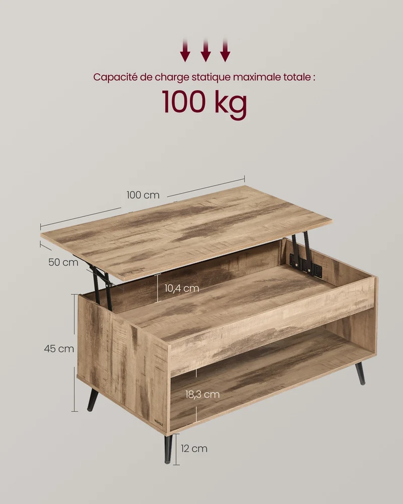 Table basse relevable avec compartiment de rangement 50 x 100 x 45/58,5 cm style rustique pour salon en aggloméré marron camel 12_0012859