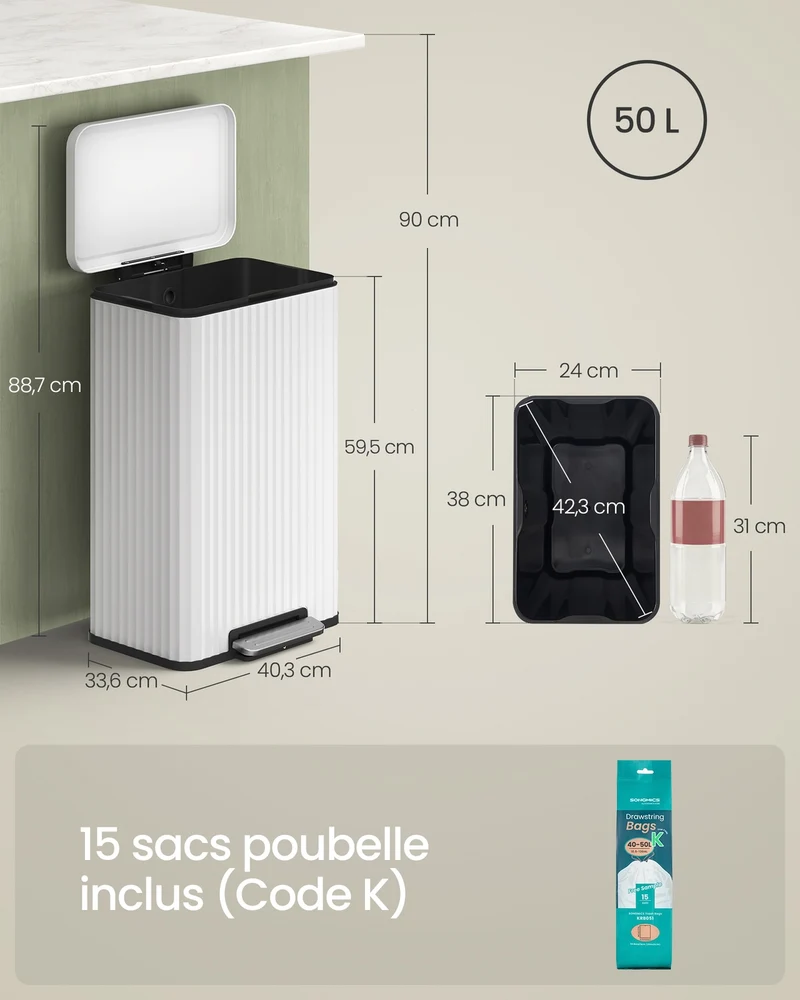 Poubelle de cuisine 50 L avec pédale et seau intérieur amovible 40,3 x 33,6 x 62,5 cm en acier blanc 12_0012834