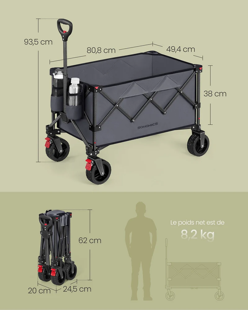 Chariot pliable jardin 49,4 x 80,8 x 93,5 cm capacité 150 L 4 roues amovibles économie d'espace en acier gris 12_0012827