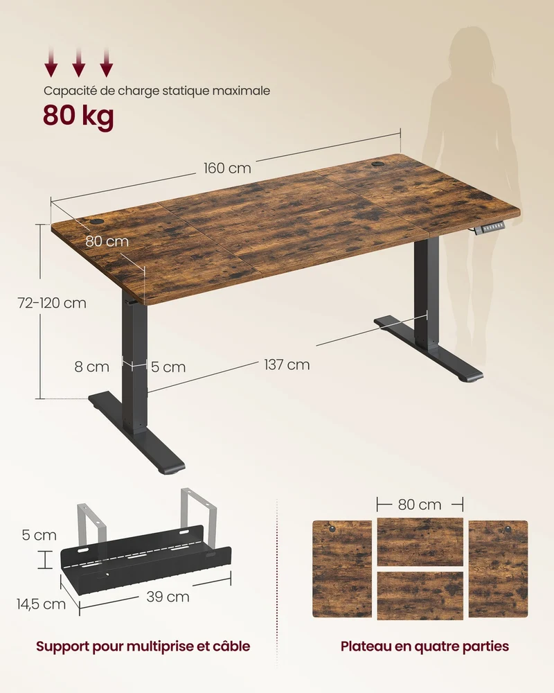 Bureau électrique réglable en hauteur 160 x 80 cm avec port USB et fonction mémoire 3 hauteurs style rustique en aggloméré marron 12_0012774