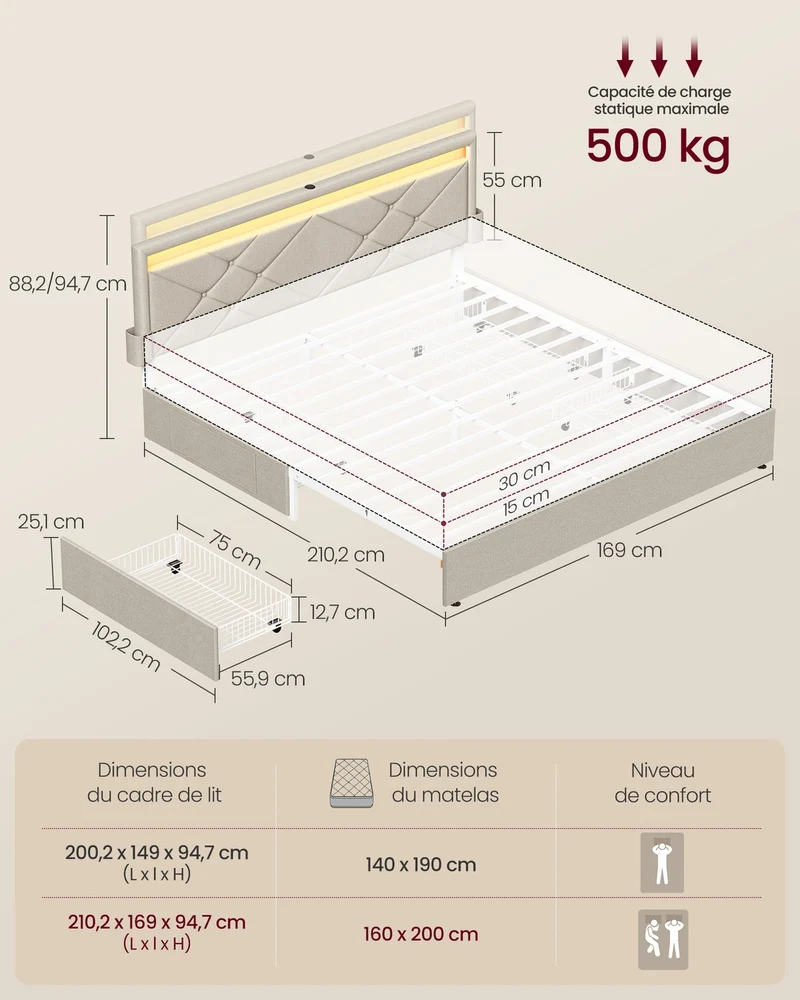Lit double 210,2 x 169 x 88,2 cm confort optimal 4 tiroirs pratique tête de lit rembourrée en tissu beige cappuccino 12_0012507