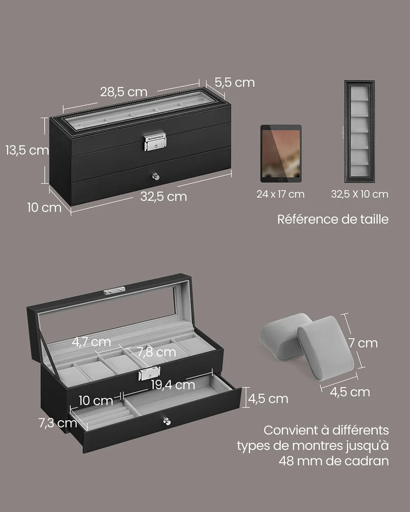 Boîte à montres verrouillable 10 x 32,5 x 13,5 cm avec 2 étages rangement élégant en MDF noir 12_0012152