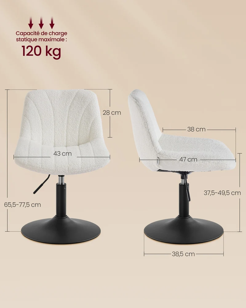 Lot de 2 tabourets de coiffeuse ergonomiques avec dossier et assise réglable 46,5 x 43 x 65,5-77,5 cm en tissu peluche blanc crème 12_0012145
