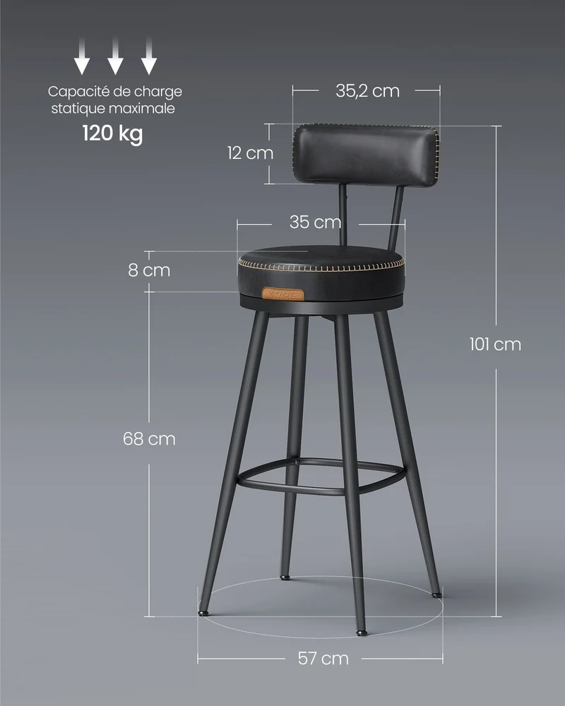 Lot de 2 tabourets de bar modernes 57 x 57 x 101 cm assise confortable style contemporain en PU noir 12_0011302