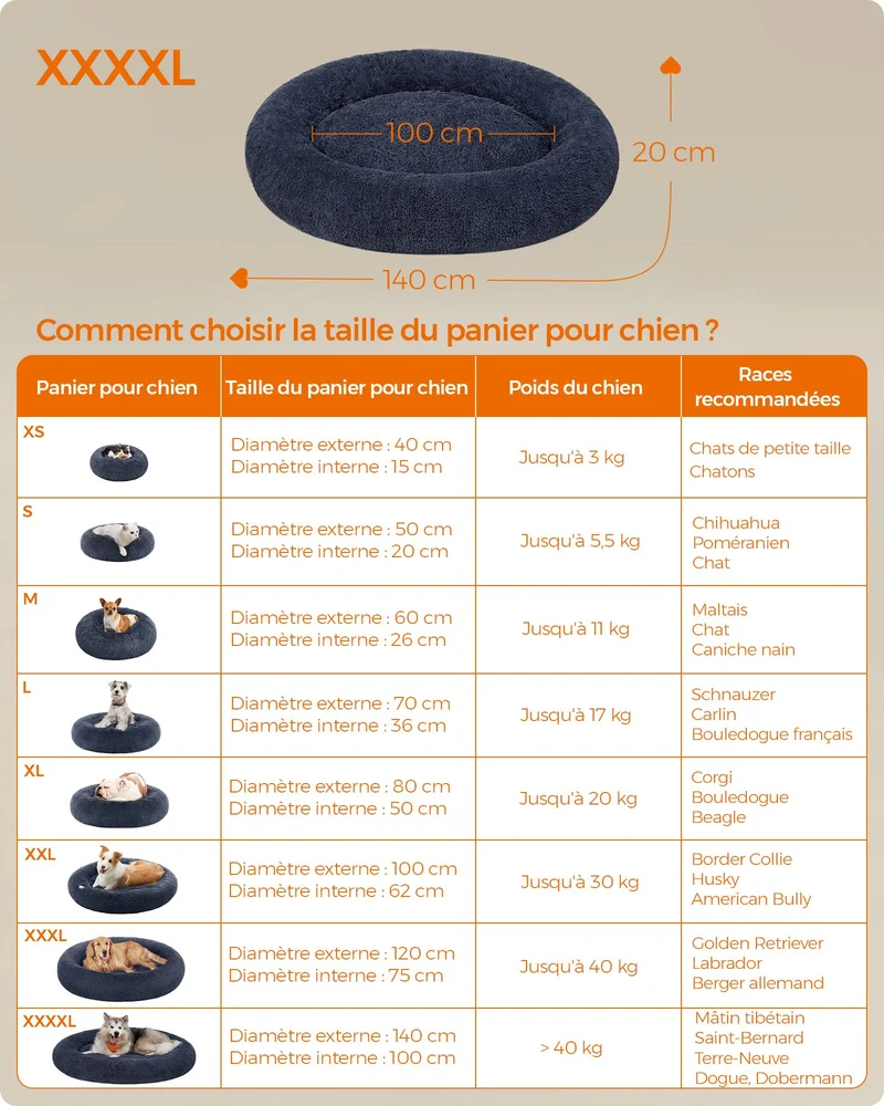 Panier pour chien ou lit pour chat doux 140 x 20 cm confort optimal ambiance cosy en tissu peluche gris foncé 12_0010414