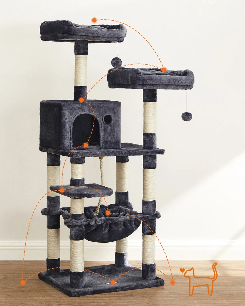 Arbre à chat stable avec niche 55 x 45 x 143 cm 2 plateformes d'observation confort matelassé en MDF gris clair 12_0008738