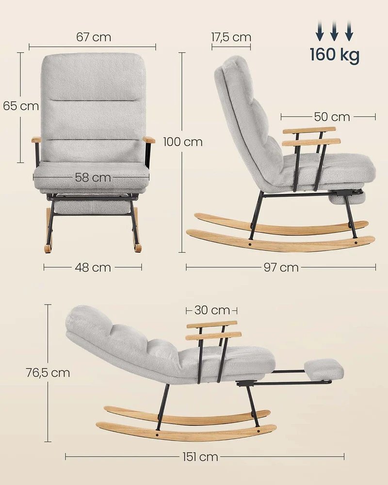 Home fauteuil à bascule pieds en bois d'hévéa tissu peluche chaise à bascule dossier réglable sur 4 positions supporte jusqu'à 160 kg pour chambre salon blanc crème 12_0007953