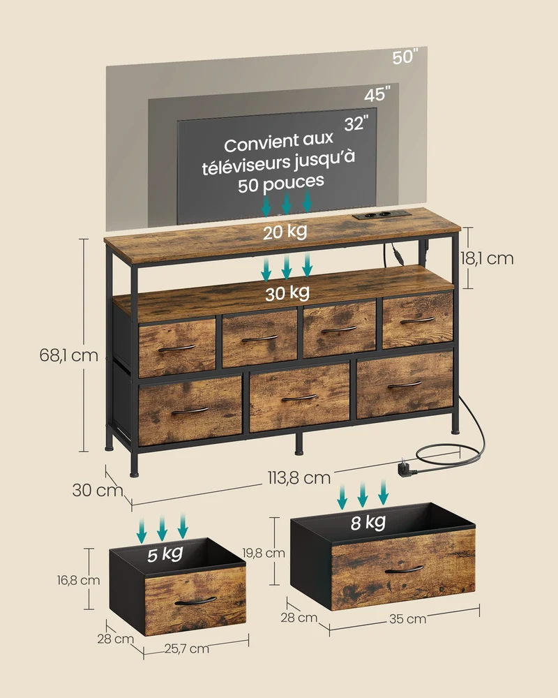 Commode de rangement industrielle avec éclairage LED 30 x 113,8 x 68,1 cm 7 tiroirs en aggloméré marron rustique 12_0012799