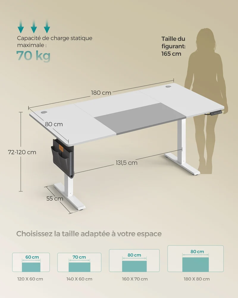 Bureau électrique réglable en hauteur 180 x 80 cm fonction mémoire 4 hauteurs pour télétravail en panneau de particules blanc 12_0012741