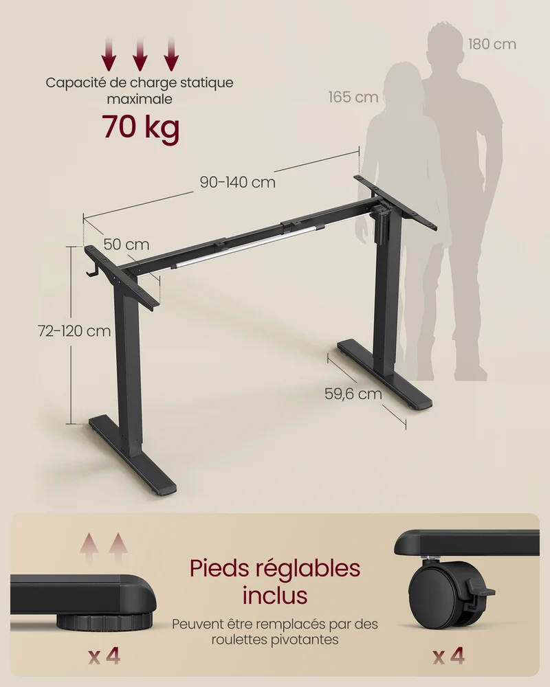 Bureau assis-debout réglable en hauteur 59,6 x 90-140 x 72-120 cm fonction mémoire 3 hauteurs moderne en acier noir 12_0012681