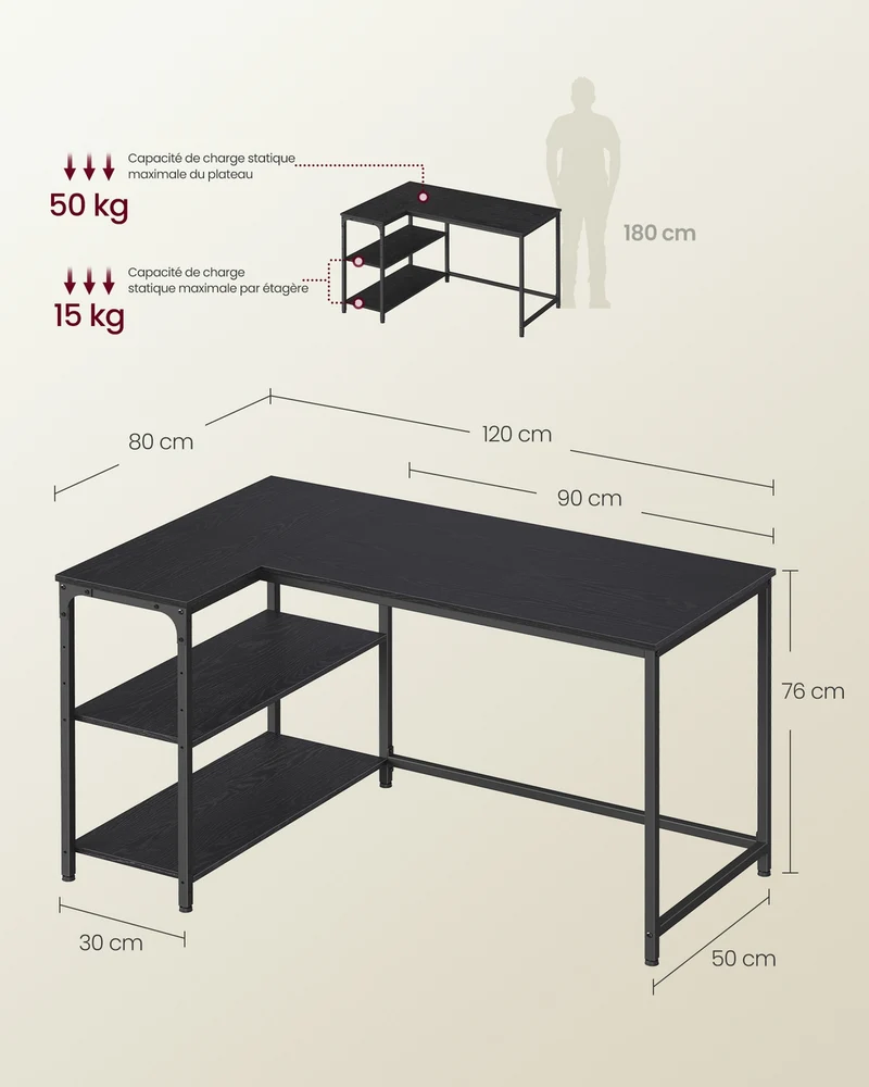 Bureau gaming en L avec rangement et étagères réglables 120 x 80 x 76 cm style contemporain en panneau d'aggloméré noir 12_0012657