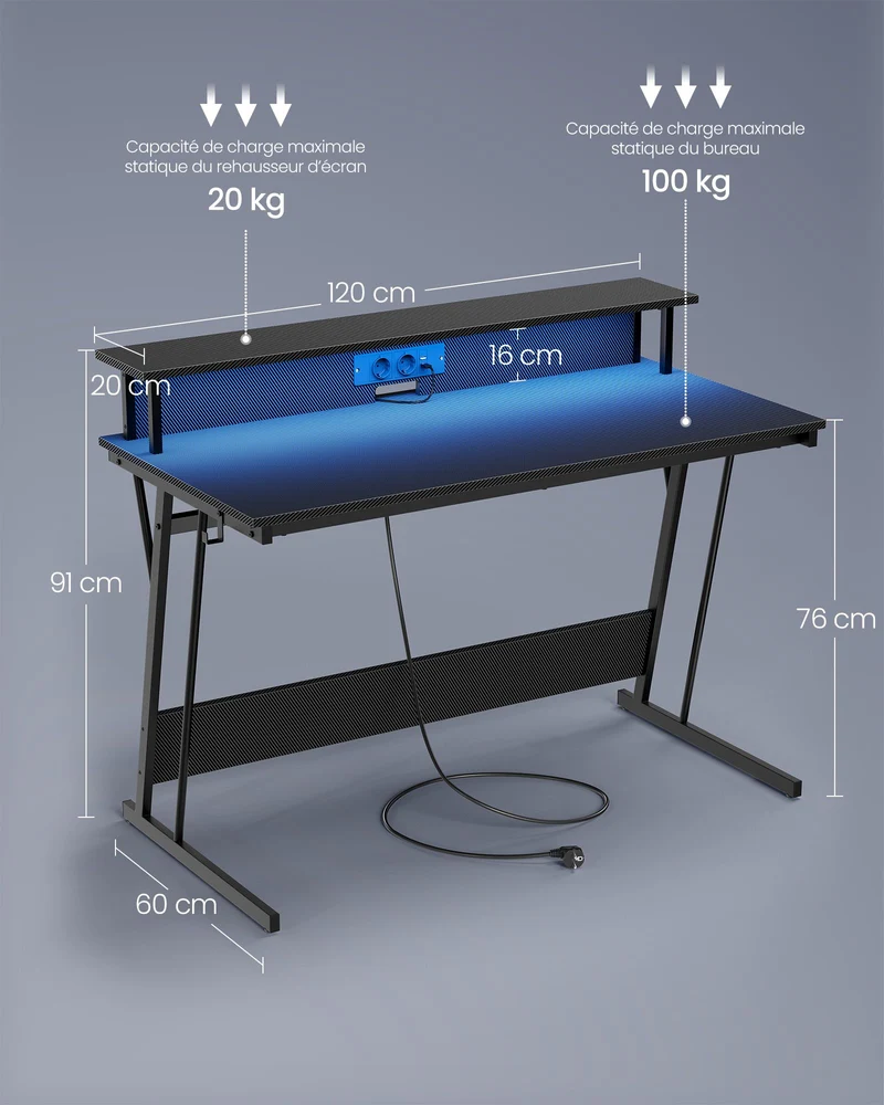 Bureau gaming design moderne avec rehausseur d'écran pour 2 ordinateurs 60 x 100 x 76 cm en bois noir 12_0011860